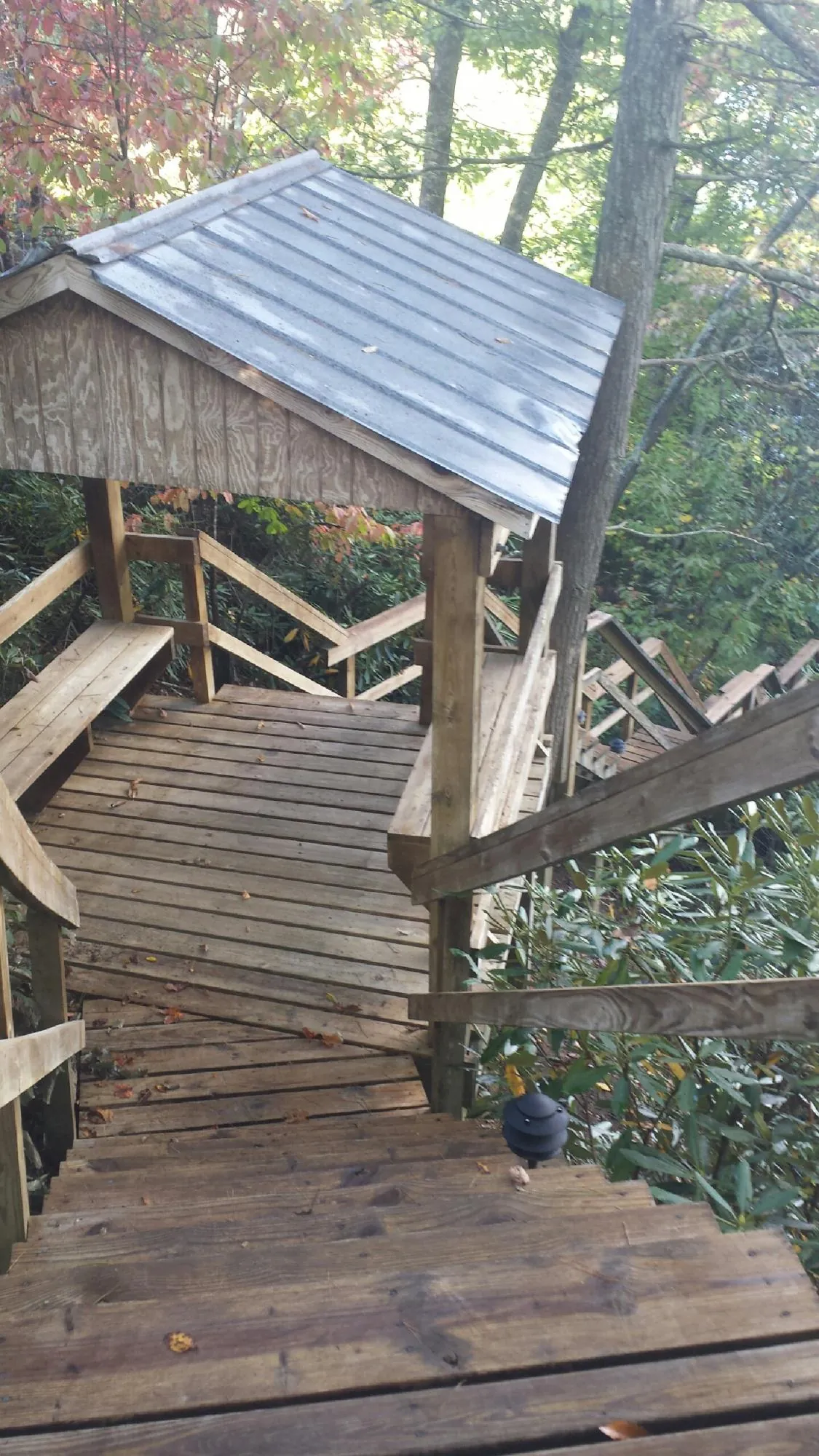 Metal roofed shelter over wooden steps on a wooded walkway — Skylight Repair & Installation work by our crew in Hilmar